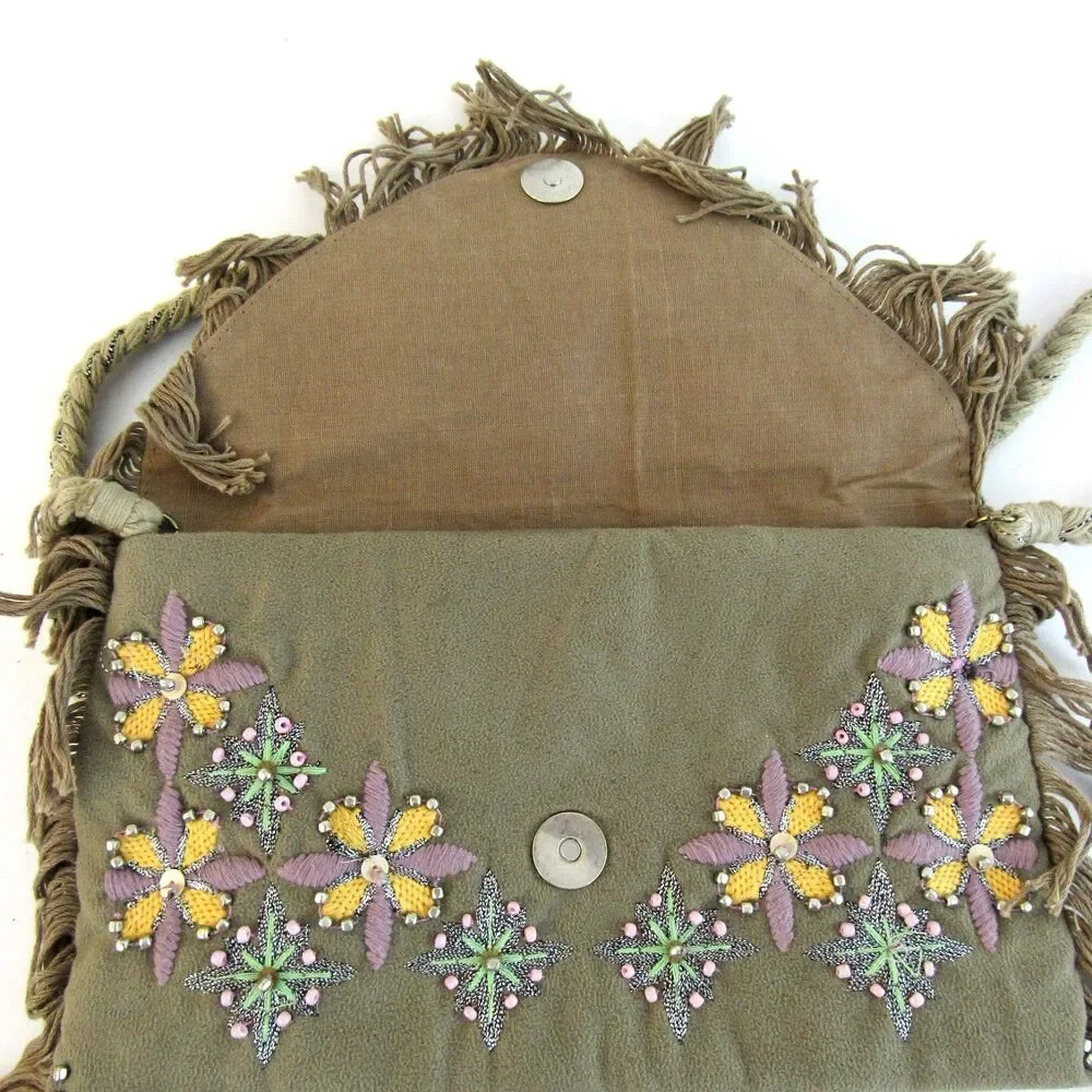 Embroidered And Beaded Tan Crossbody Bag Fringe Made in India 70's Inspired Boho - Picture 4 of 10